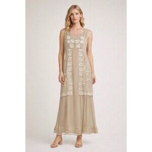 Nataya 2 Pc Dress Set Sm Beige Embroidered‎ Beaded Ethereal Fairy Boho Cottage